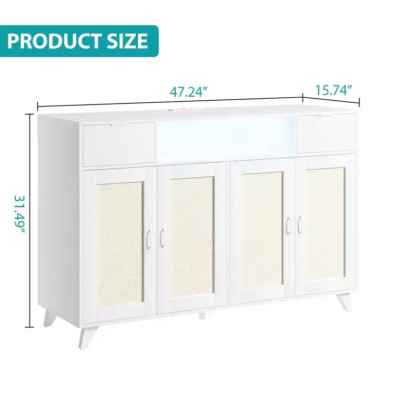 Rattan Cabinet Sideboard Buffet, with 2 Drawers, Power Outlet & LED Lights for Dining Room, White