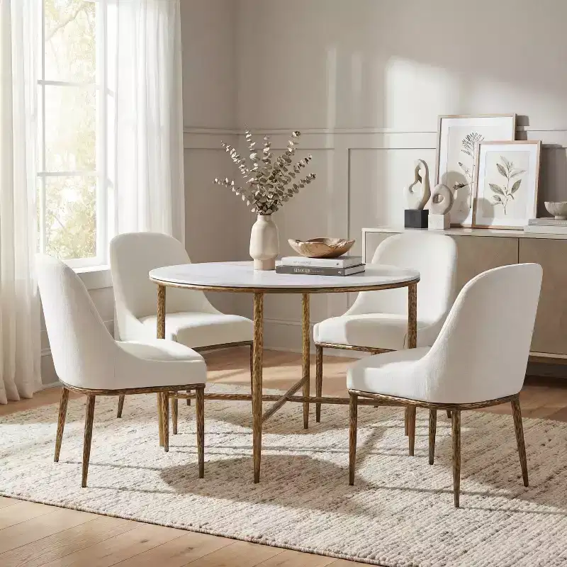 Christopher Knight Home Valeska 5 Piece Industrial Luxe Hand-Forged Sintered Stone Dining Table with Upholstered Dining Chairs