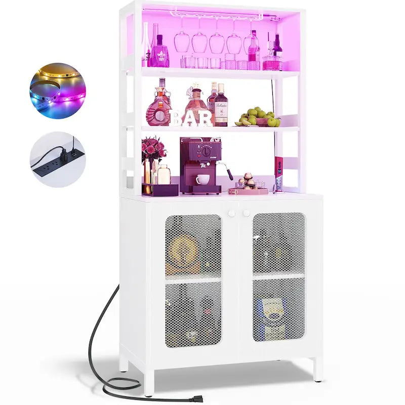 67-Inch Tall Wine Bar Cabinet with LED Lights, Glass Holder and Power Outlets