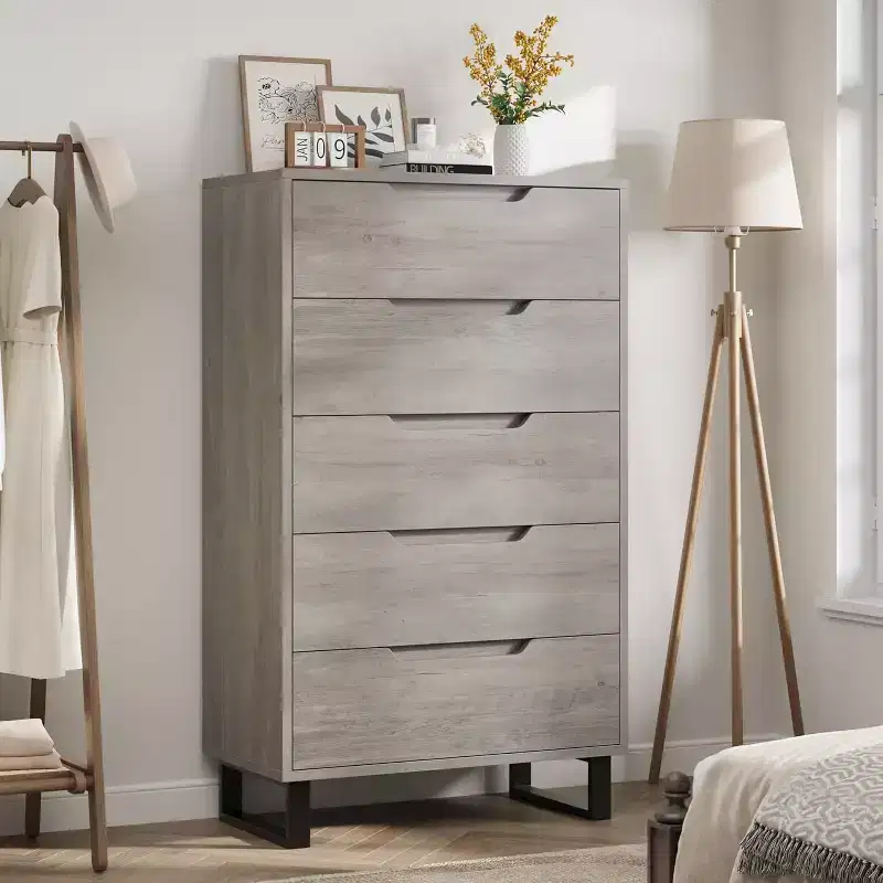 35.4-Inch 5-Drawer Dresser, PB+MDF+Metal, Adjustable Height, Modern-Rustic Style, Anti-Tip