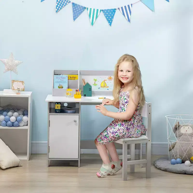 Whisen Kids & Toddler Desk and Chair Set, Children's Study Desk, Child Furniture with Whiteboard - Gray