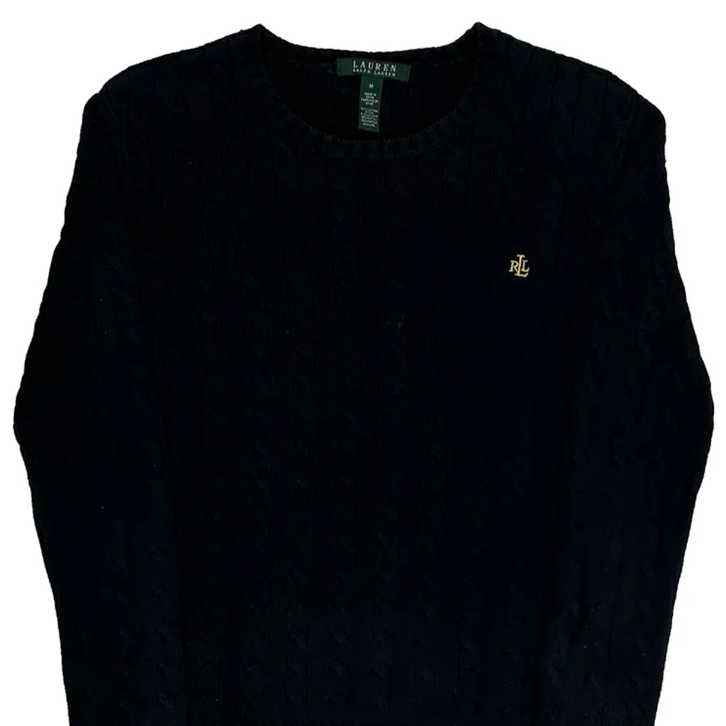 Cable Knit Long Sleeve Crew Neck Top - Medium Black Cotton