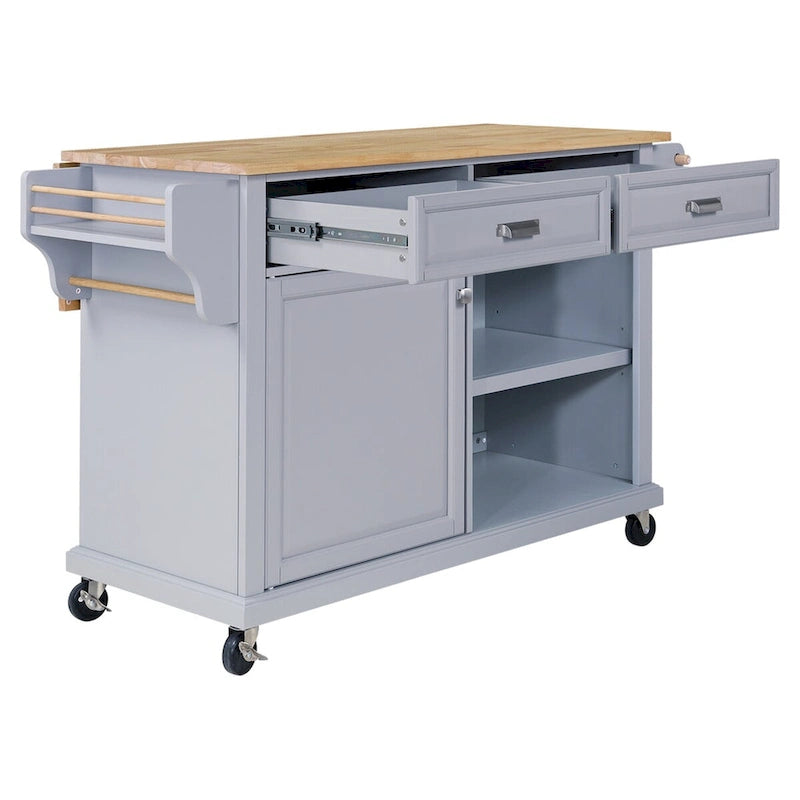Grey Rolling Kitchen Island Cart with Natural Wood Top Drawers Cabinets and Spice Rack
