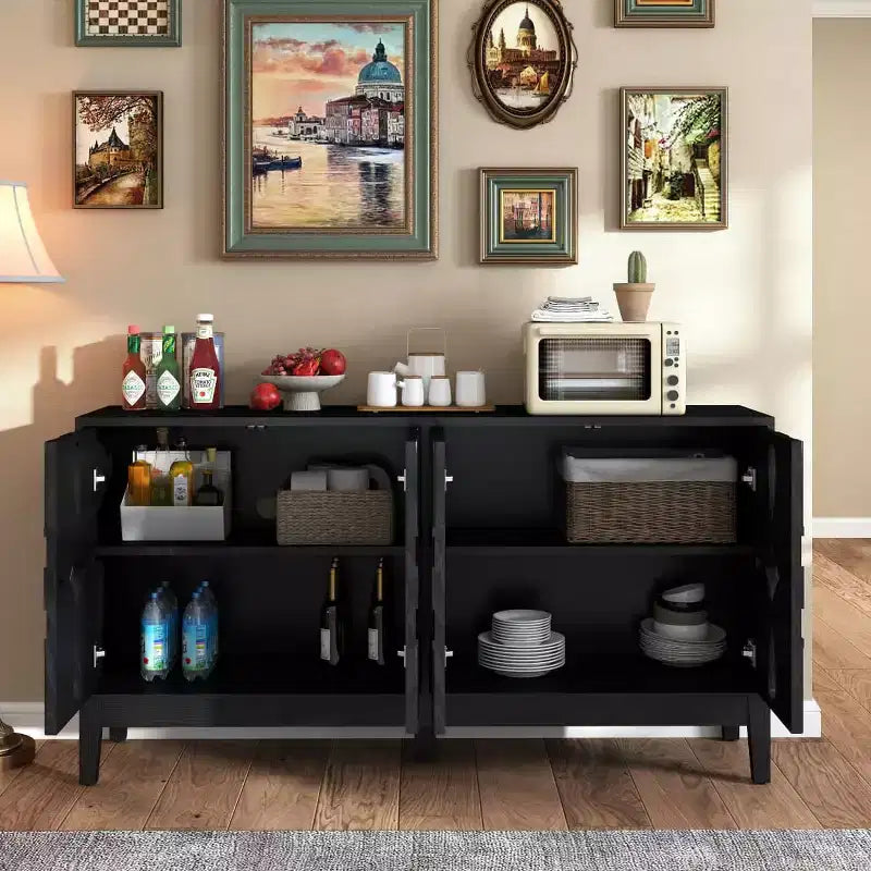 60.5 Black Geometric Sideboard Buffet Cabinet, Modern Fretwork 4-Door TV Media Console with Adjustable Shelves for Living Room - Panipeachy