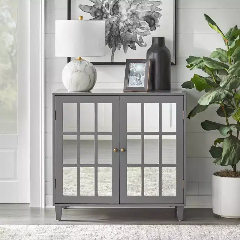 Lifestorey Matteo Modern Mirrored Door Cabinet Charcoal Gray: Modern Farmhouse Style, Brass Pulls, Adjustable Shelf