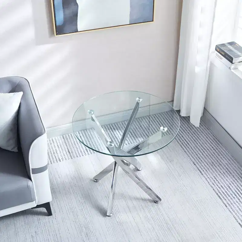 23.6 Inch Round Tempered Glass End Table - Chrome Legs, 4-Point Base, Modern Accent