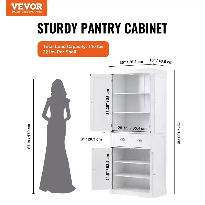 72 Kitchen Pantry Storage Cabinet, Freestanding Utility Cabinet with Doors, Drawer & 3 Adjustable Shelves, White for Home Use