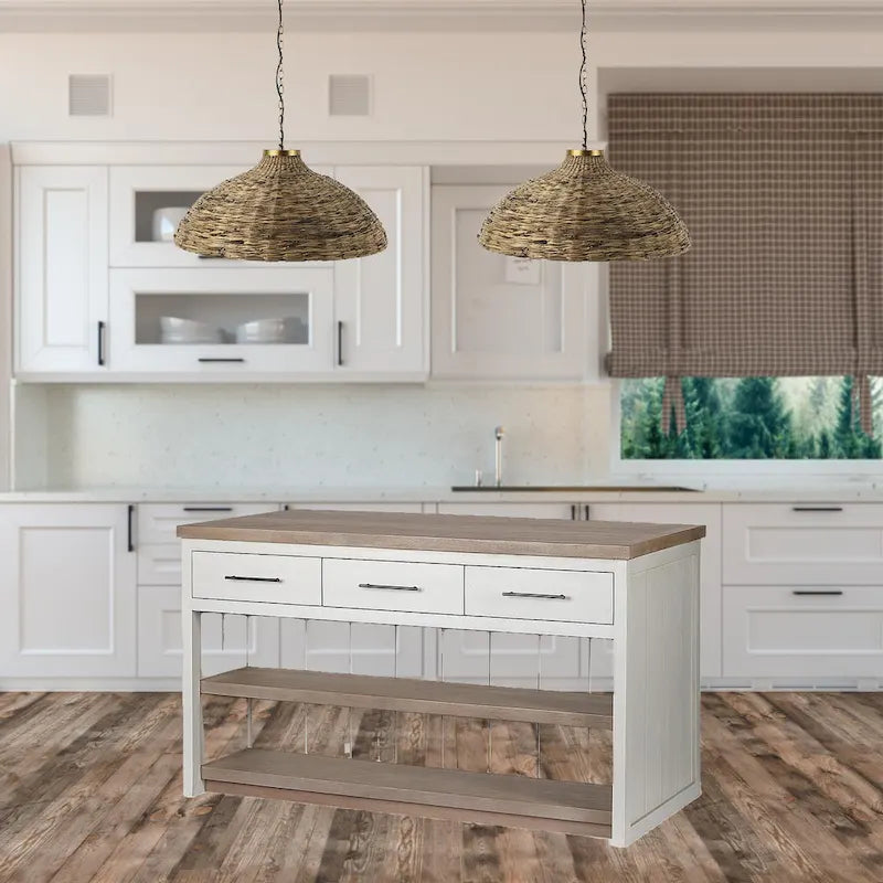 White and Brown Two-Tone Solid Wood Kitchen Island with 3 Drawers and Shelves