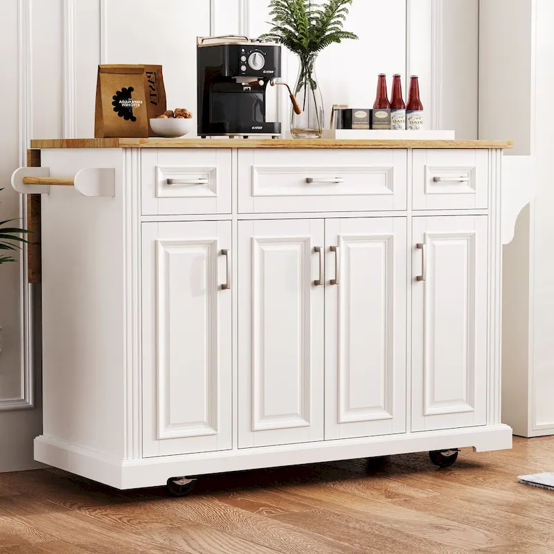Large Kitchen Island with Wood Drop Leaf, Embossed Texture Rolling Kitchen Cart wDoors and Drawers wStorage for Kitchen, White