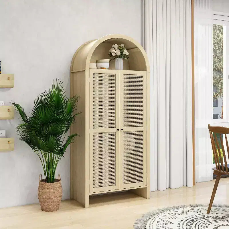 Okak Arched Display Cabinet, Sideboard Cabinet with 2 Doors and 2 Drawers, Freestanding Cabinet for Living Room, Dining Room, Office, Natural