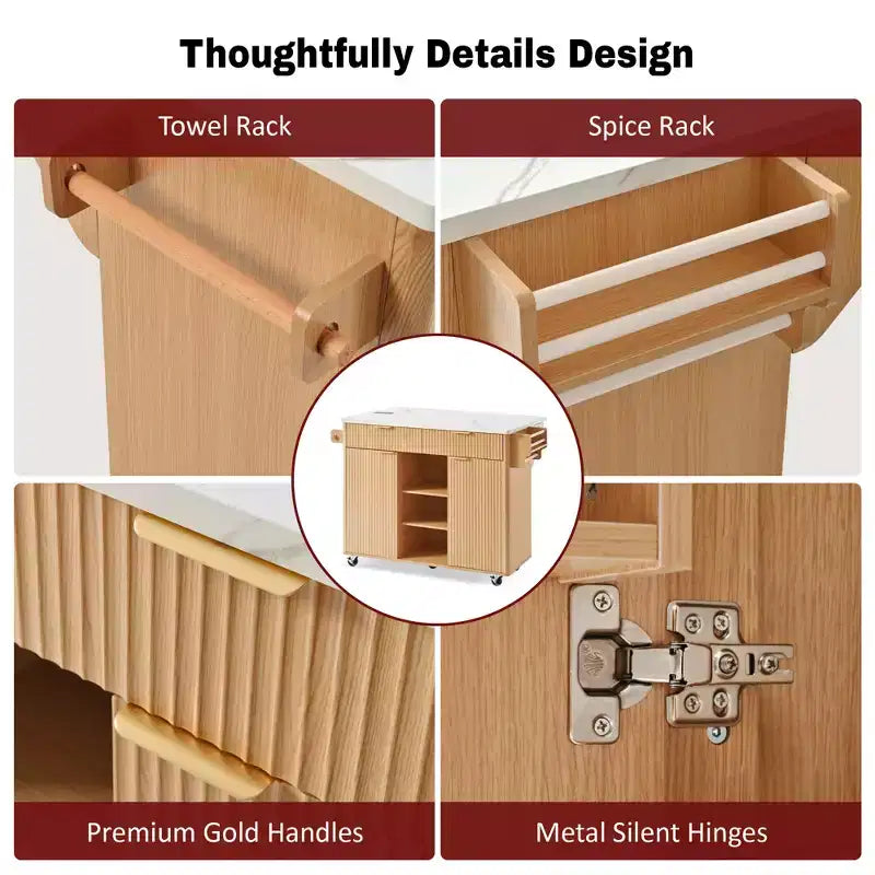 52-Inch Fluted Kitchen Island Cart with Power Outlet and Faux Marble Drop Leaf