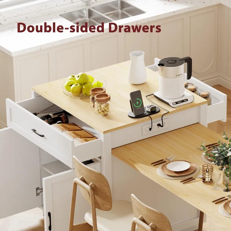 82.7 Wooden 4-6 Person Kitchen Island with Extendable Dining Table and Double-sized Storage