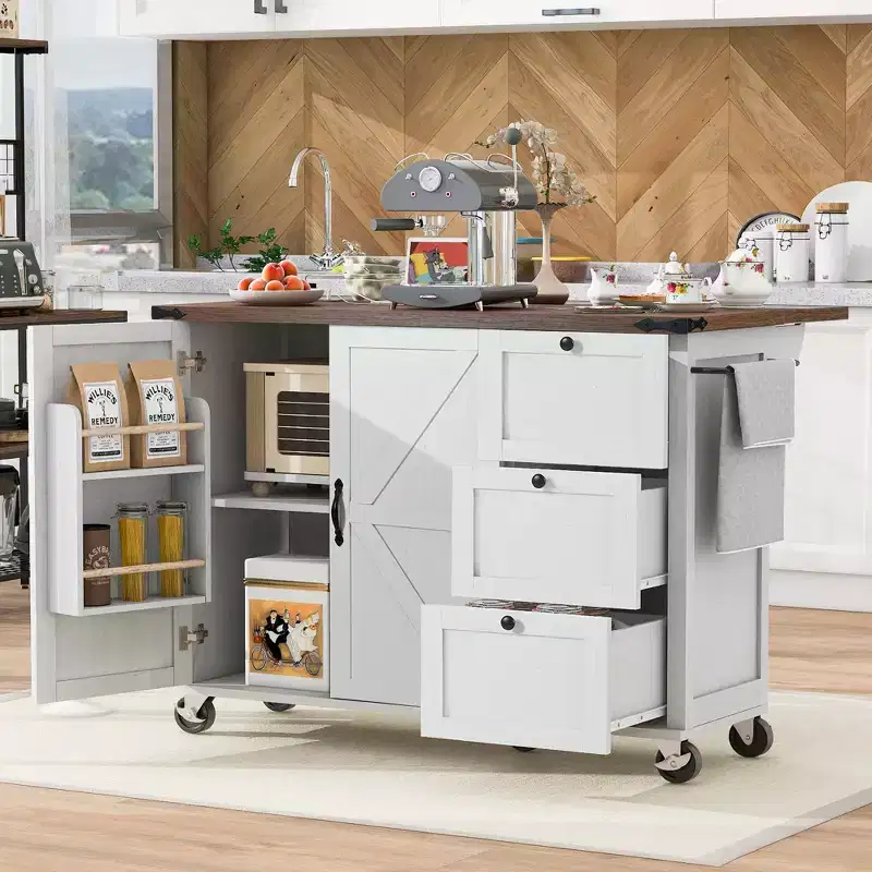 Whisen Farmhouse Style Kitchen Cart Island with Drop Leaf and Locking Wheels