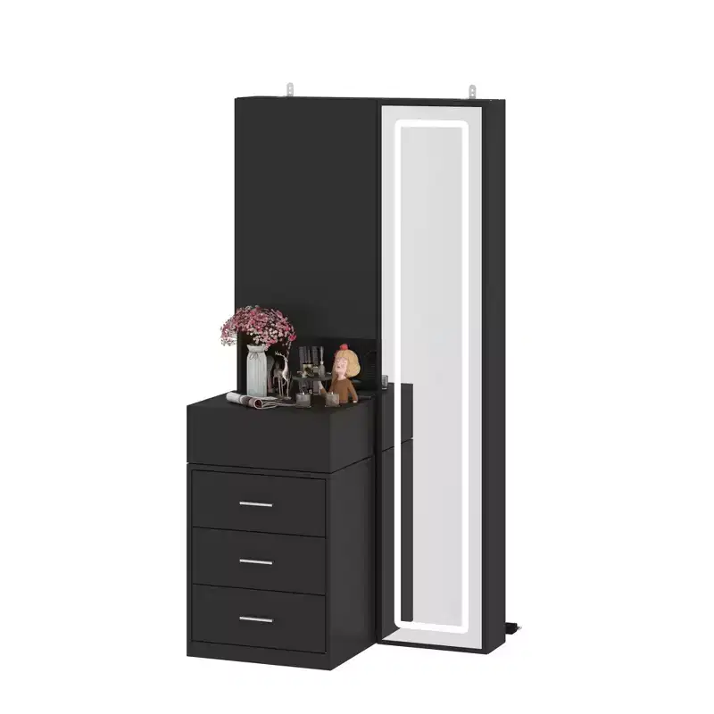 Vanity Cabinet with Full-Size LED Mirror and Divided Drawers, Bedroom Makeup Organizer, White/Black/Pink