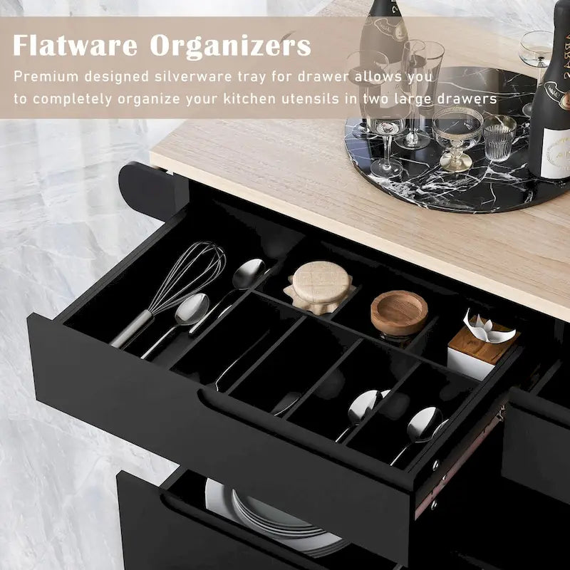 Rolling Kitchen Island Cart with 8 Handle-Free Drawers Rubberwood Top and Spice Rack