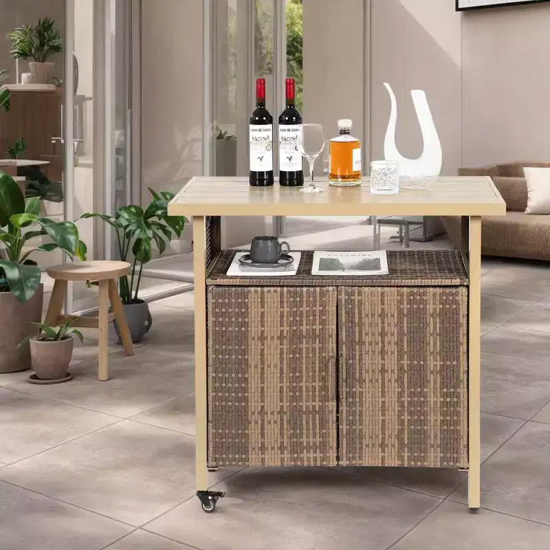 Outdoor Wicker Bar Serving Cart with Plastic Wood Top for Patio, Beige
