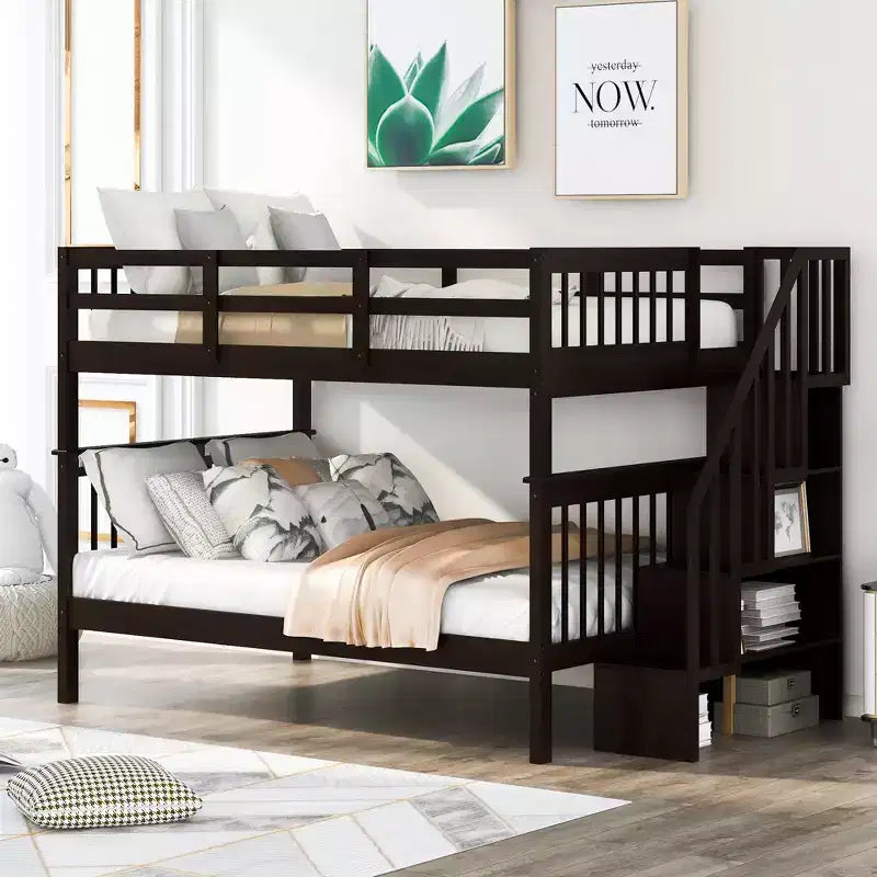 Full over Full Bunk Beds with Stairs, Wooden Full Stairway Bunk Bed with Storage & Guard Rail for Dorm