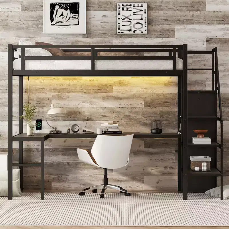 Bellemave Twin XL Loft Bed with L-Shaped Desk, Wardrobe & Stairs, Metal High Loft Bed with USB, LED & Storage Shelves for Kids Teens Adults, Black