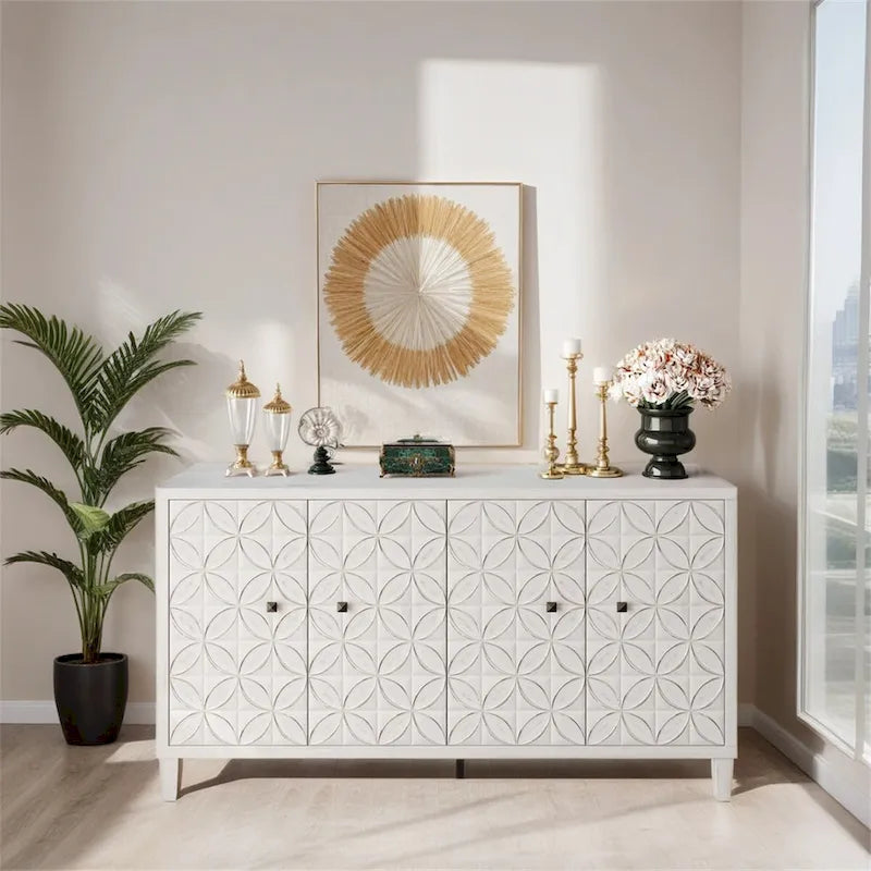 Accent Cabinet 4-Door Wooden Sideboard Buffet Storage Cabinet White Washed