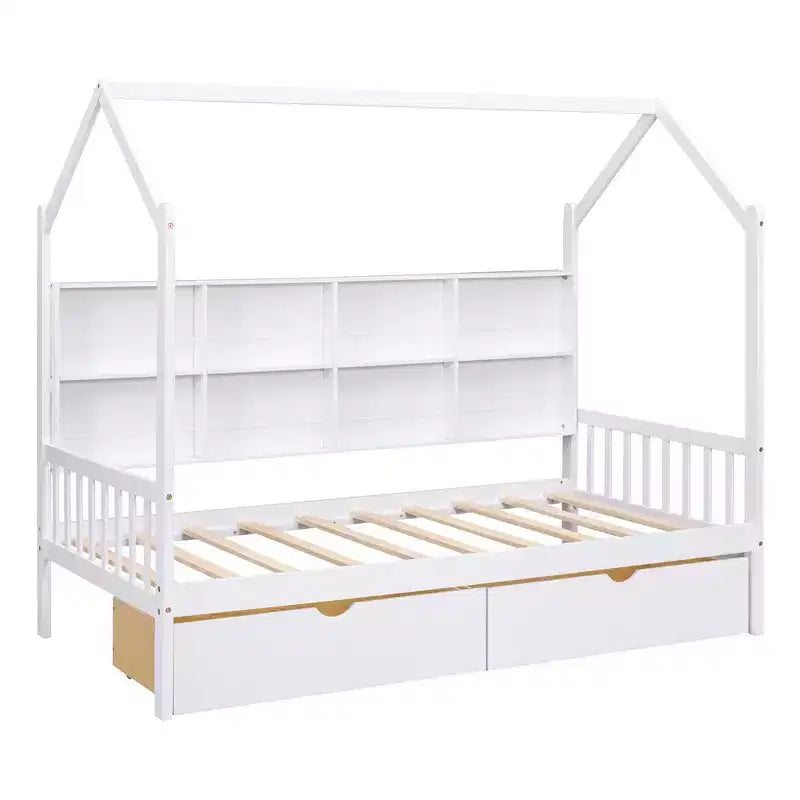 Wooden Twin Size House Bed With 2 Drawers, Storage Shelf Kids' Bed, Multifunctional Sky Roof House Bed Frame, White_Twin Size 1
