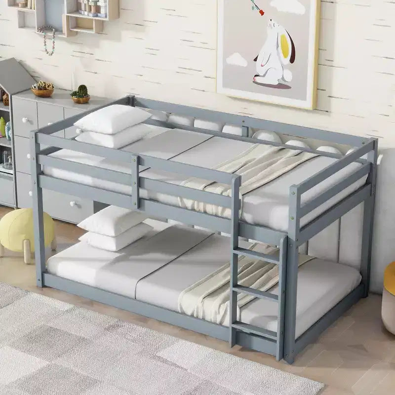 Twin Floor Bunk Bed with Ladder and Solid Wood Frame �C Gray