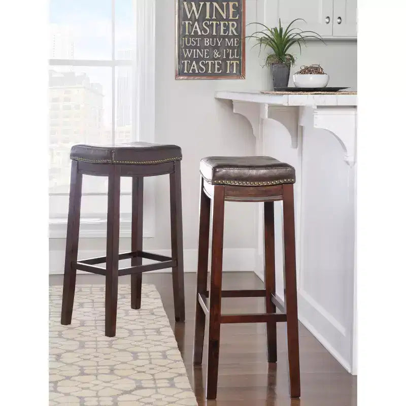 Set of 2 Faux Leather Barstools - Armless, Backless with Footrest, Fixed Height