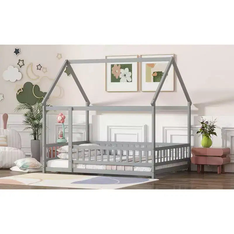 Floor Wooden Bed with Safety Guardrails �C Gray