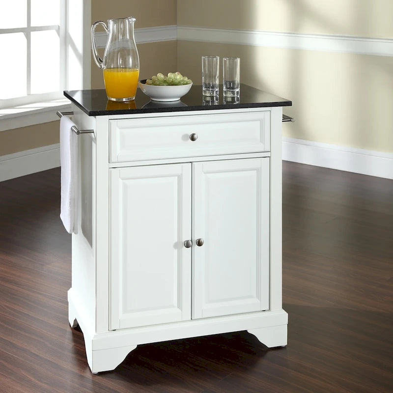White Portable Kitchen Island with Black Granite Top Raised Panel Doors and Drawer