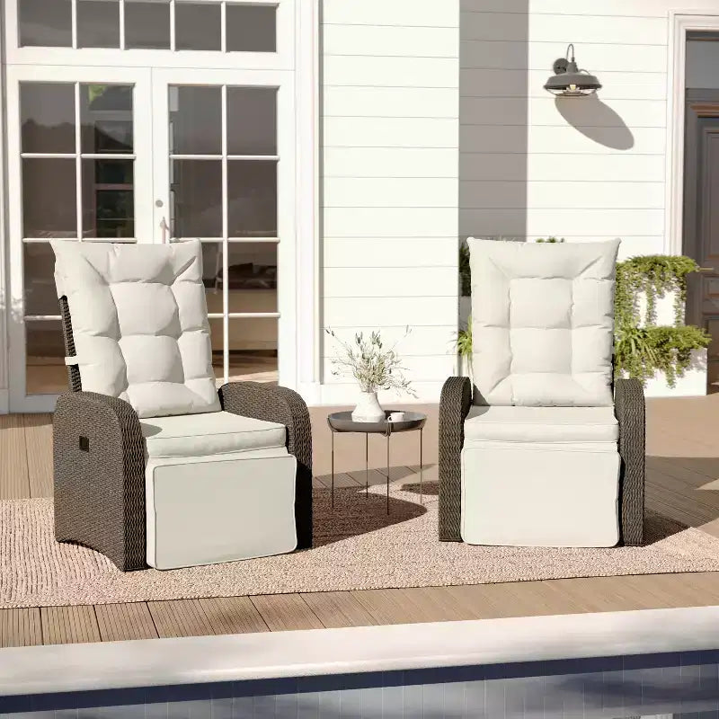 Merrick Lane Set of 2 Modern Style Patio Wicker Rattan Indoor/Outdoor Recliner Lounge Chairs with Side Tables and Adjustable Backs
