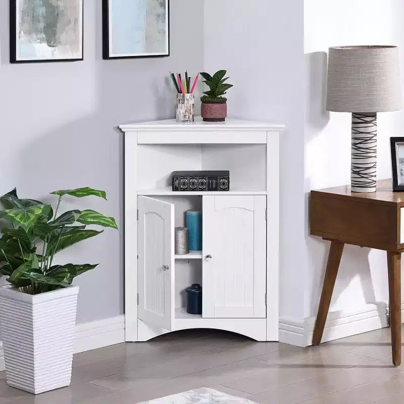VIYET 32 Multifunctional Corner Cabinet - White MDF, Freestanding, Doors & Adjustable Shelves(Bathroom/Kitchen/Living Room Organizer)