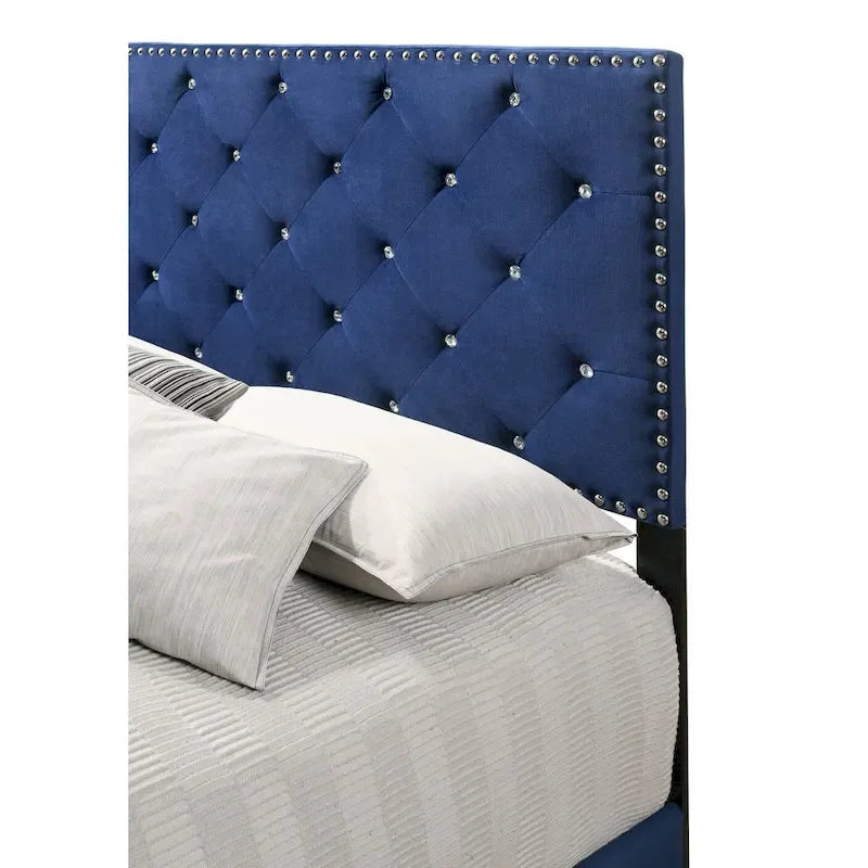 Velvet Tufted Faux Jewel Upholstered Full Panel Bed - Blue