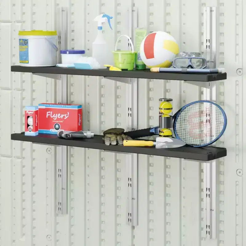 Suncast Vertical Shed 4 Shelf Kit Space Saving Wall Mount Outdoor Storage, Black