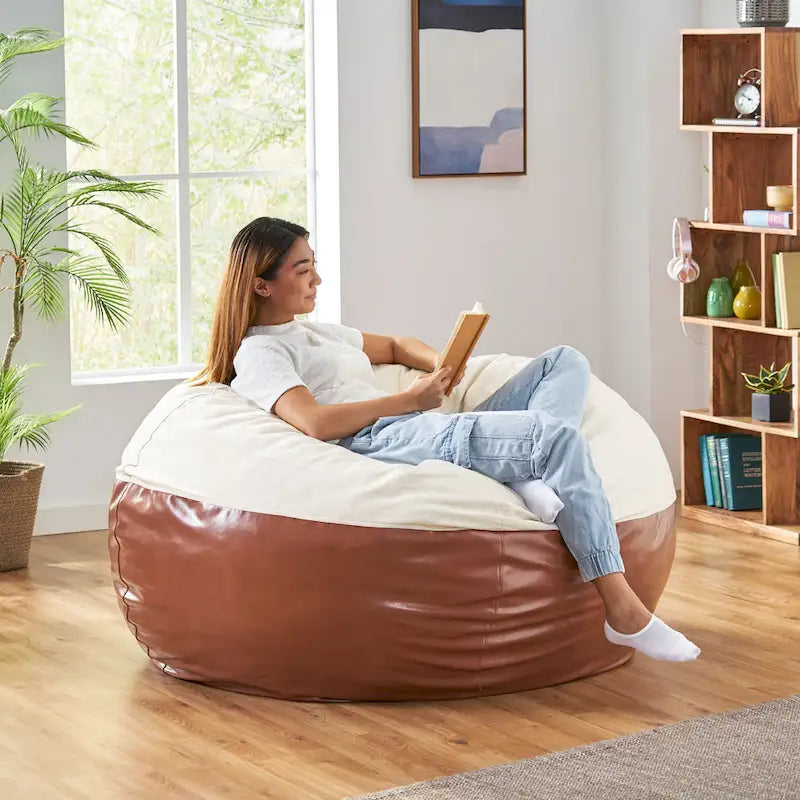 Modern 5 Foot Two Toned Fabric and Faux Leather Bean Bag