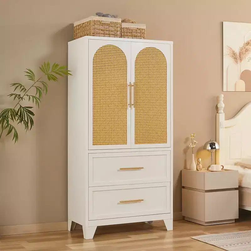 65 Rattan Armoire Wardrobe Closet with 2 Drawers, 2 Door, Hanging Rod Metal Clothing Storage Cabinet Large Tall Wicker Bedroom Armoire, White