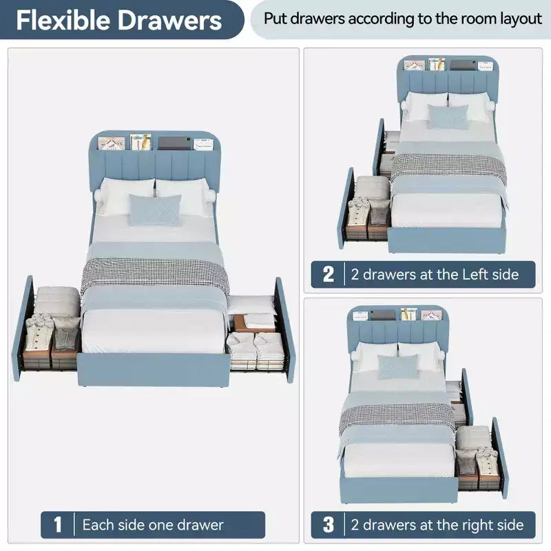Twin Bed Frame with Headboard, 2 Flexible Drawers and Bookcase for Kids Room, Blue