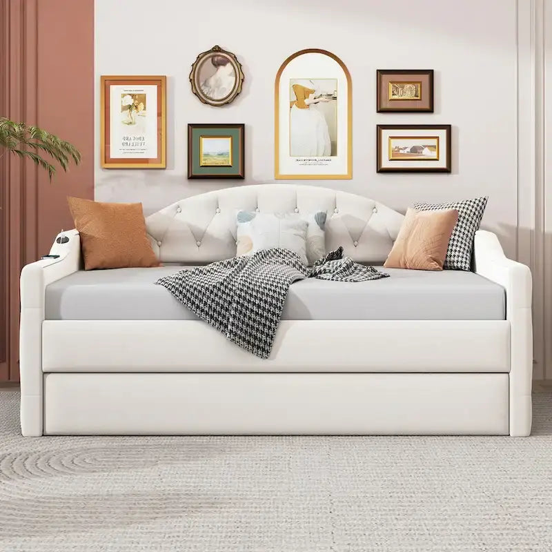 Twin Size Tufted Upholstered Daybed with Trundle �C Velvet Sofa Bed with USB & Type-C Charging Ports, No Box Spring Needed