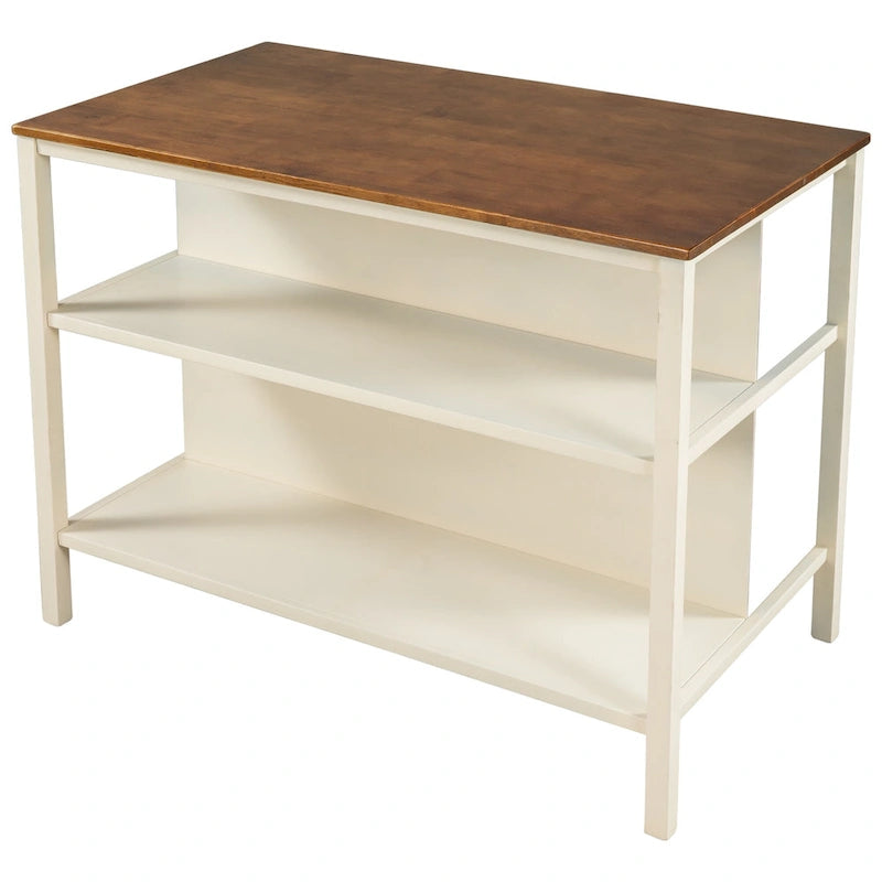 Tan Rustic Solid Rubberwood Stationary Kitchen Island with 2 Open Shelves