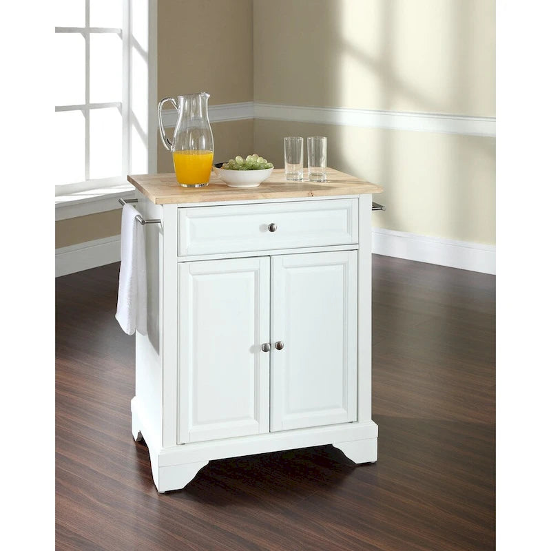 White Portable Compact Kitchen Island with Stainless Steel Top Drawer and Towel Bars