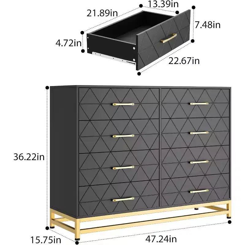 6 Drawer Dresser for Bedroom with Metal Legs & Golden Handle, Modern Storage Chest Cabinet Organizer for Living Room, Hallway, Entryway