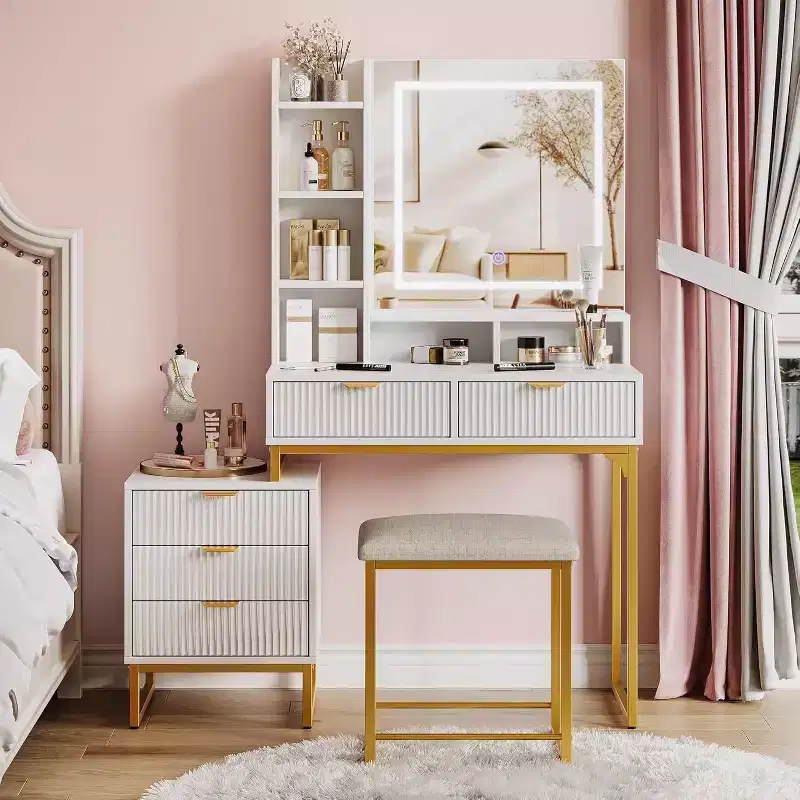 Makeup Vanity Desk with Mirror and Lights, Vanity Table with 5 Drawers, Vanity Set with Stool and Removable Side Storage Cabinet for Bedroom