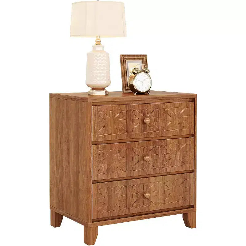 Farmhouse Nightstand with 3 Drawers - Industrial Bedside End Table, Brown