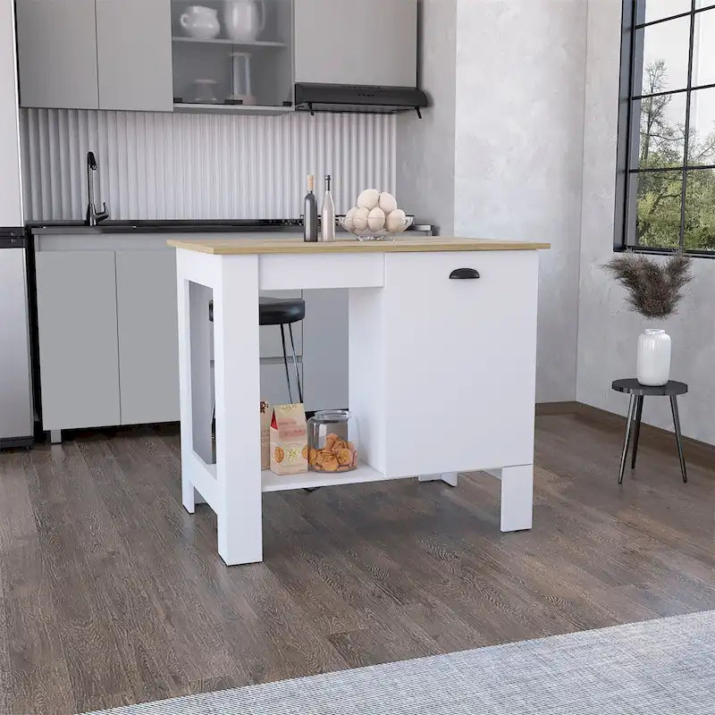 White Stationary Kitchen Island with Natural Wood Top Single Door Cabinet and Open Shelf