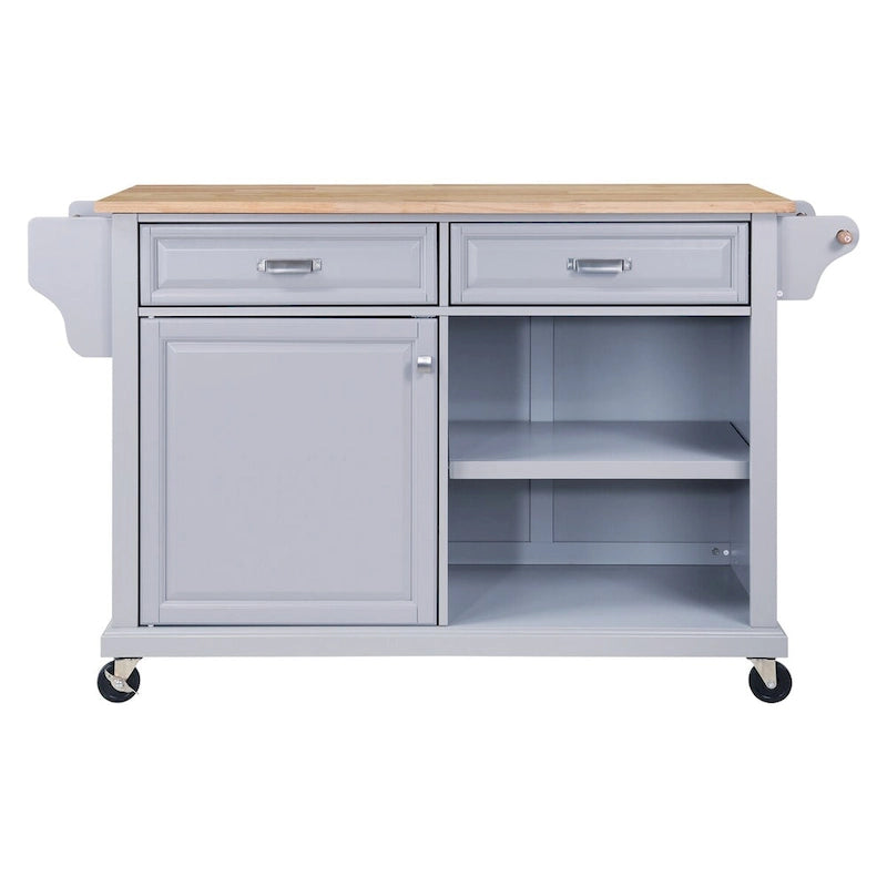 Grey Rolling Kitchen Island Cart with Natural Wood Top Drawers Cabinets and Spice Rack