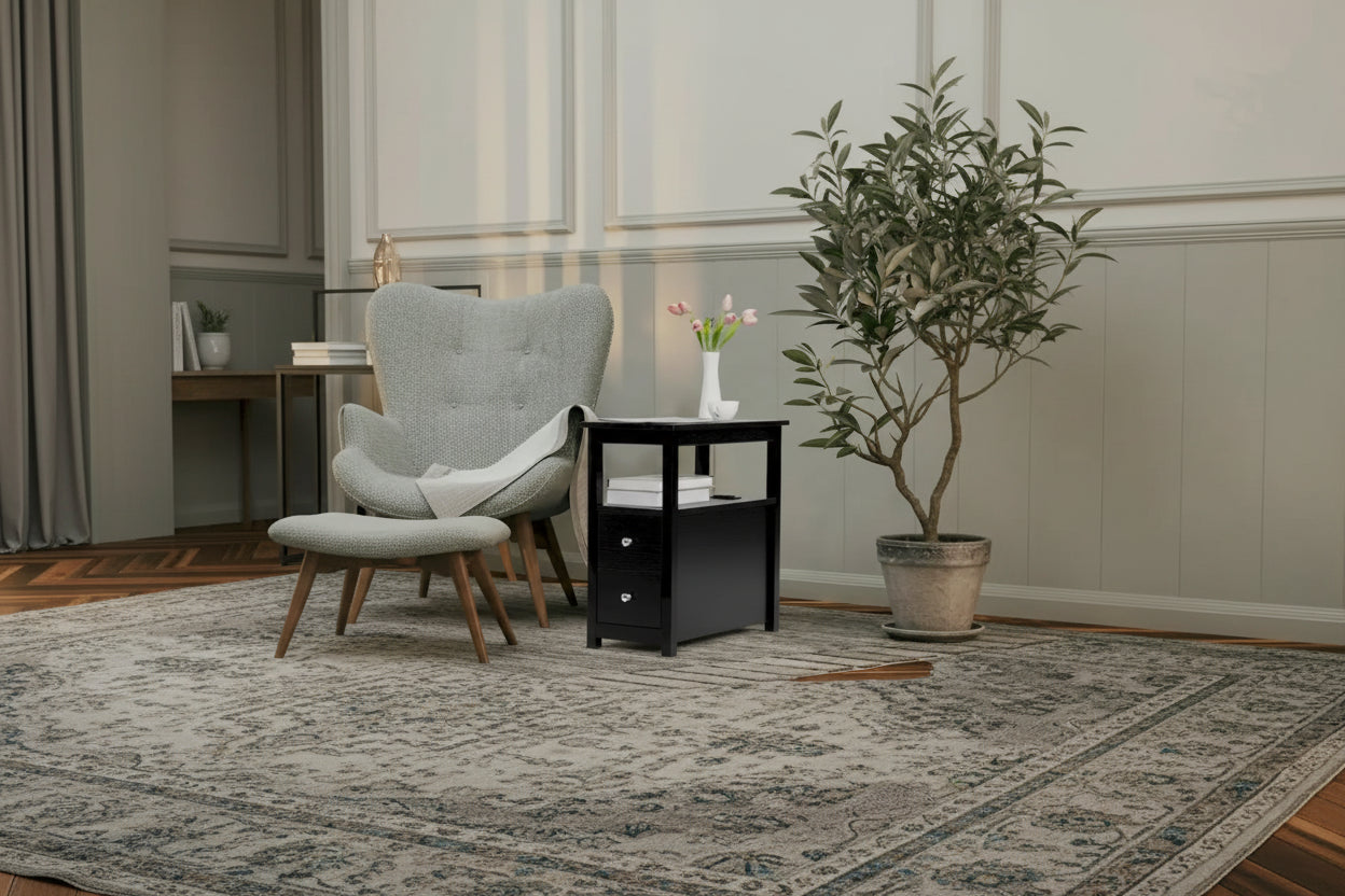 End Table with Charging Station, Narrow Sofa Side Table, Wooden Nightstand, Bedroom Living Room Furniture, Black