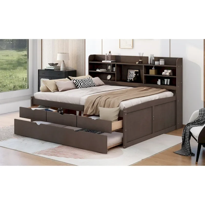 Full Pine Captain Bed with Shelves, Drawers & Trundle