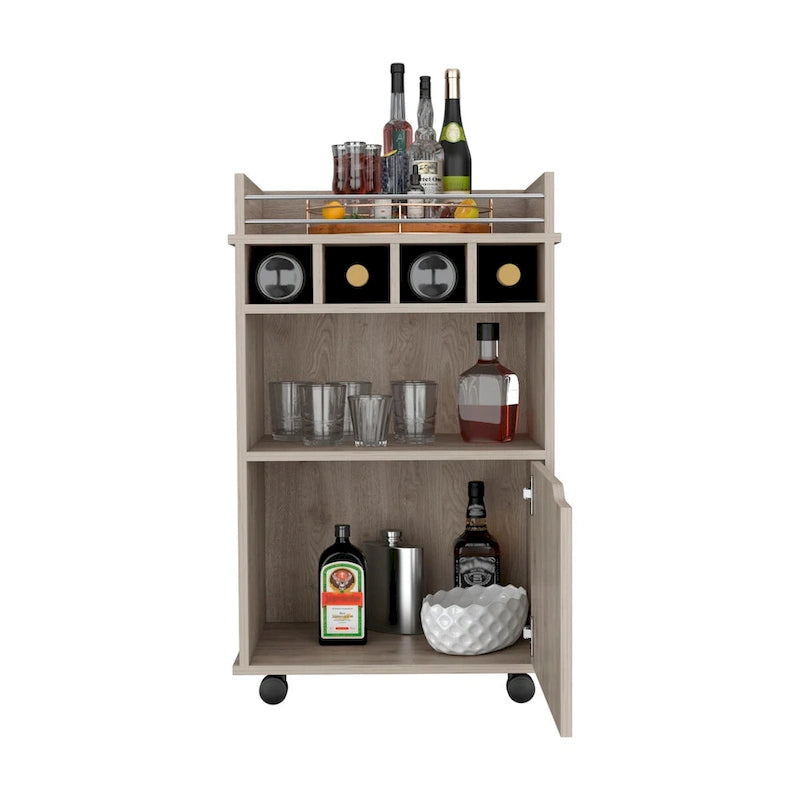 Beige Rolling Bar Cart with Open Shelves Wine Cubbies and Cabinet