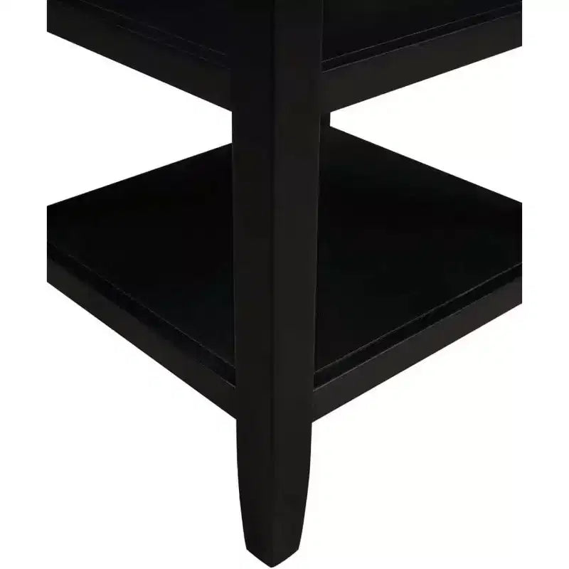 End Table with Lower and Middle Shelf, Transitional Rubberwood Side Table, Black
