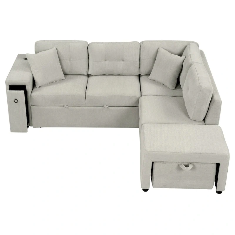 L-Shaped 4-Seat Sectional Sofa with Pull-Out Bed, Ottoman, USB Ports & Drop-Down Table
