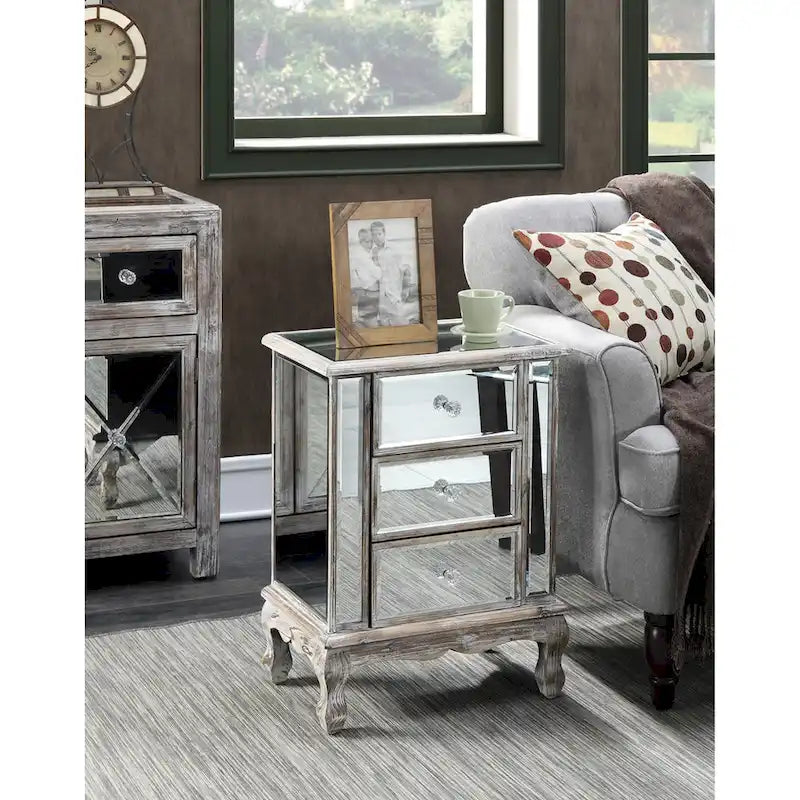Mirrored 3 Drawer End Table with Faux Crystal Knobs Cabriole Legs