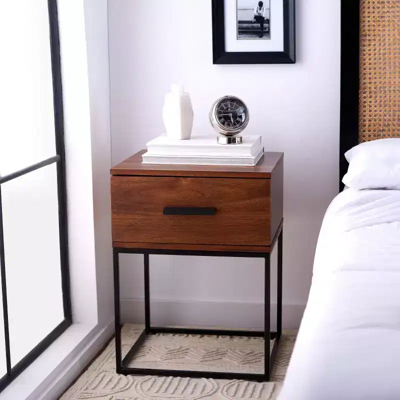1-Drawer Nightstand with Open Metal Frame, Brown Mahogany